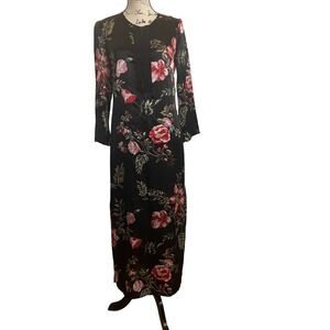 Adrienne Vittadini Black Floral Maxi‎ Dress Long Sleeve Vintage Style